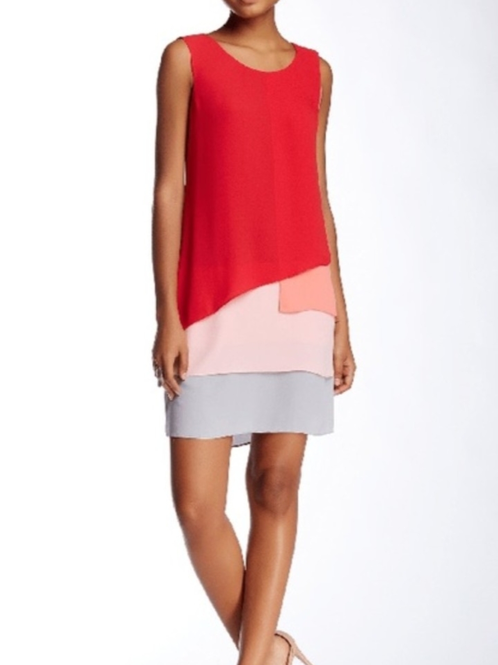 BCBGMaxAzria Red, Pink & Gray Layered Sleeveless Shift Dress